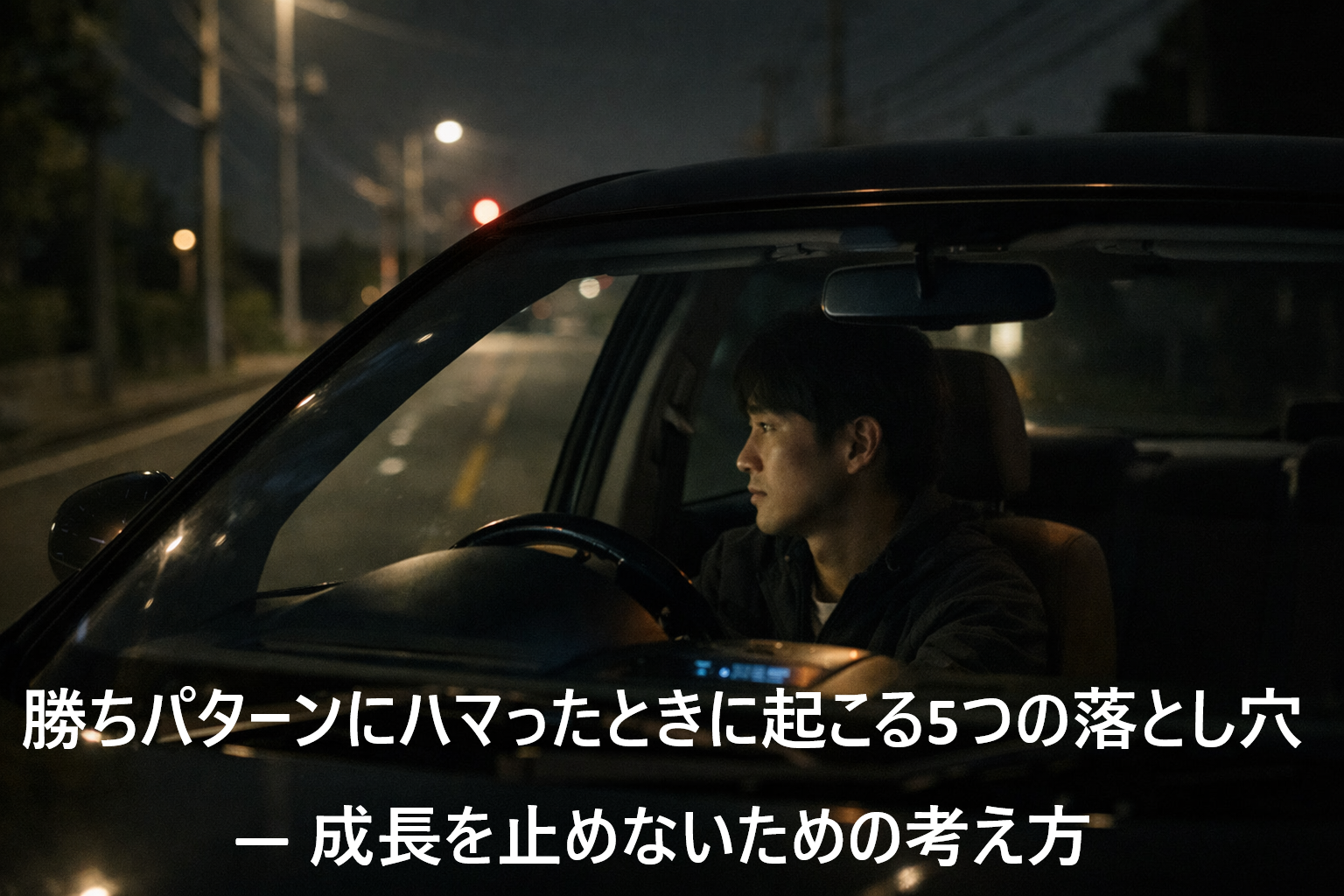 夜の停車した右ハンドル車の中で静かに考えている人物