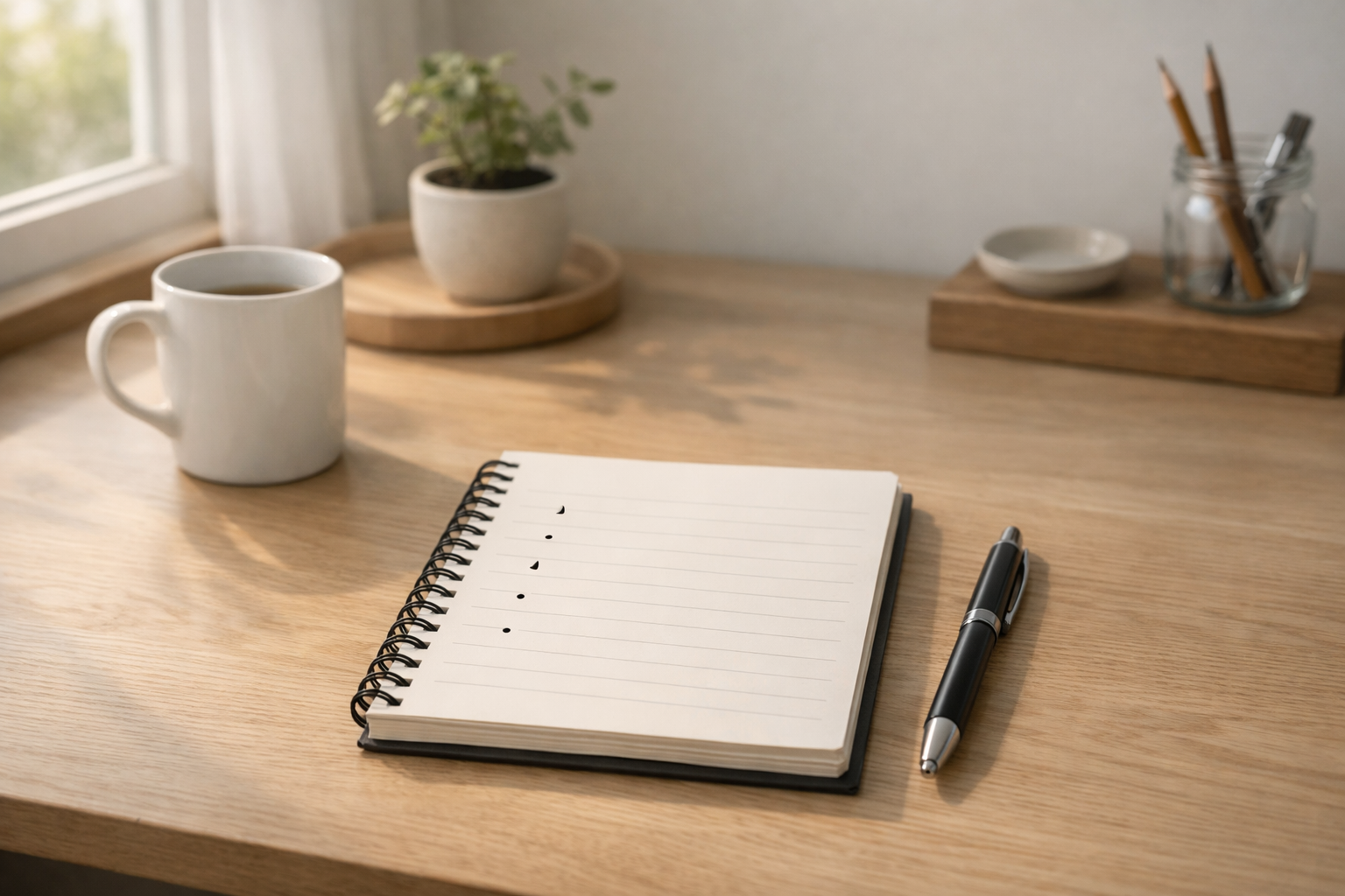 A peaceful morning desk scene with a notebook and pen placed neatly under soft sunlight