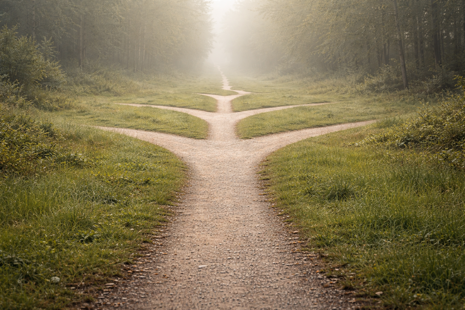 同じ方向に三度分岐している静かな一本道の風景
