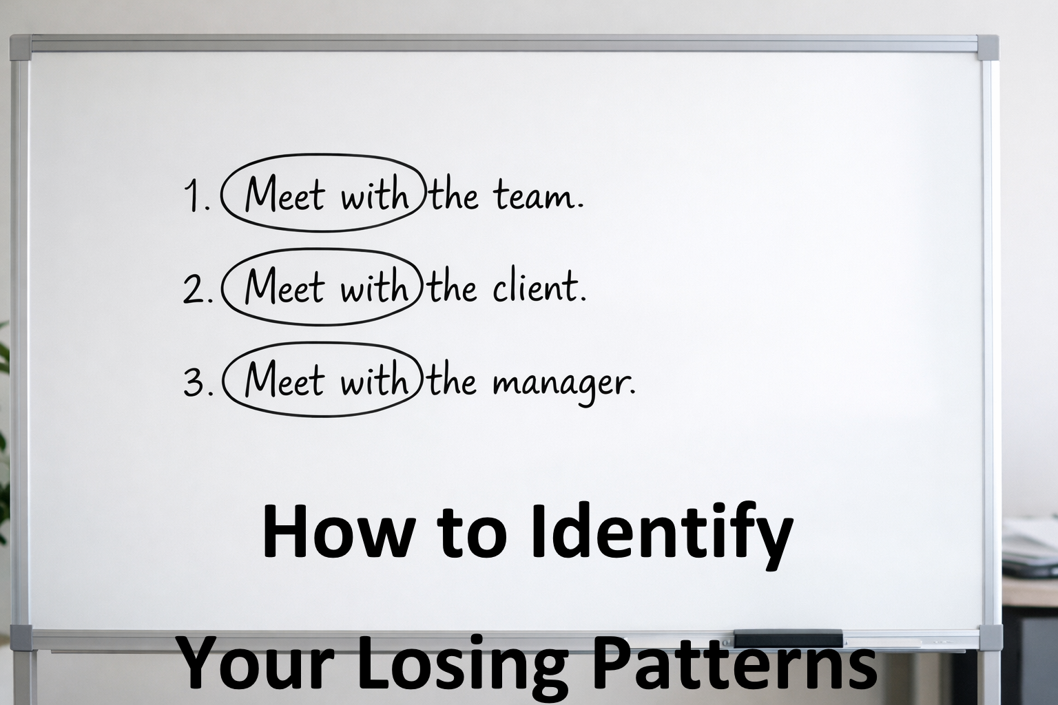 Overhead view of a whiteboard with three similar bullet points written on it