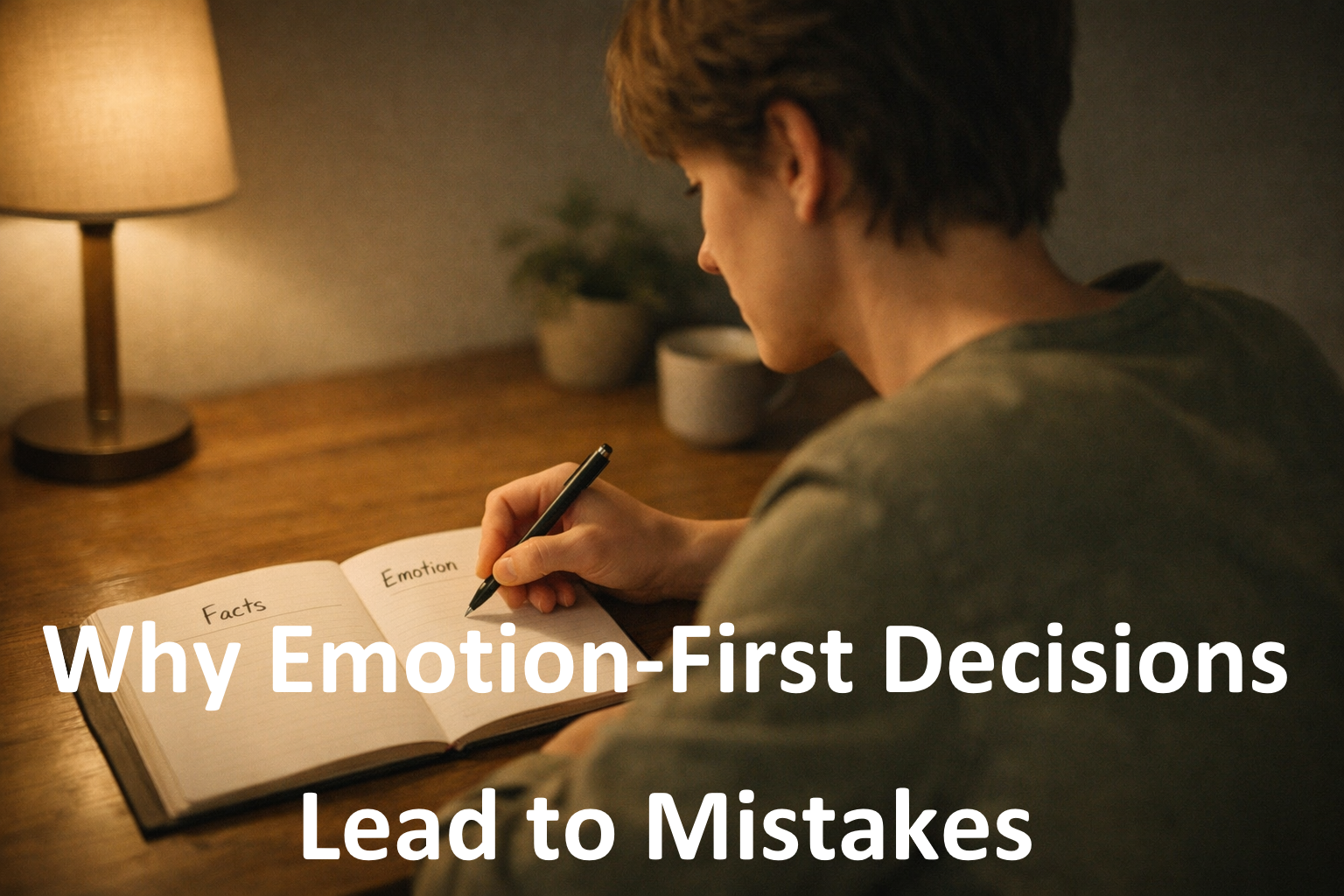 A person writing facts and emotions separately in a notebook at a desk under soft lighting