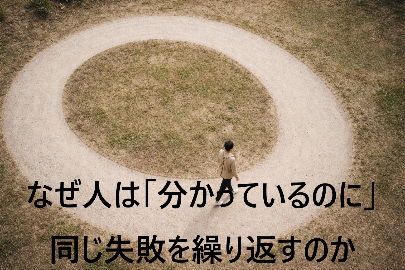 円形の道を歩く人物を上から見た構図。繰り返される行動パターンを象徴している。