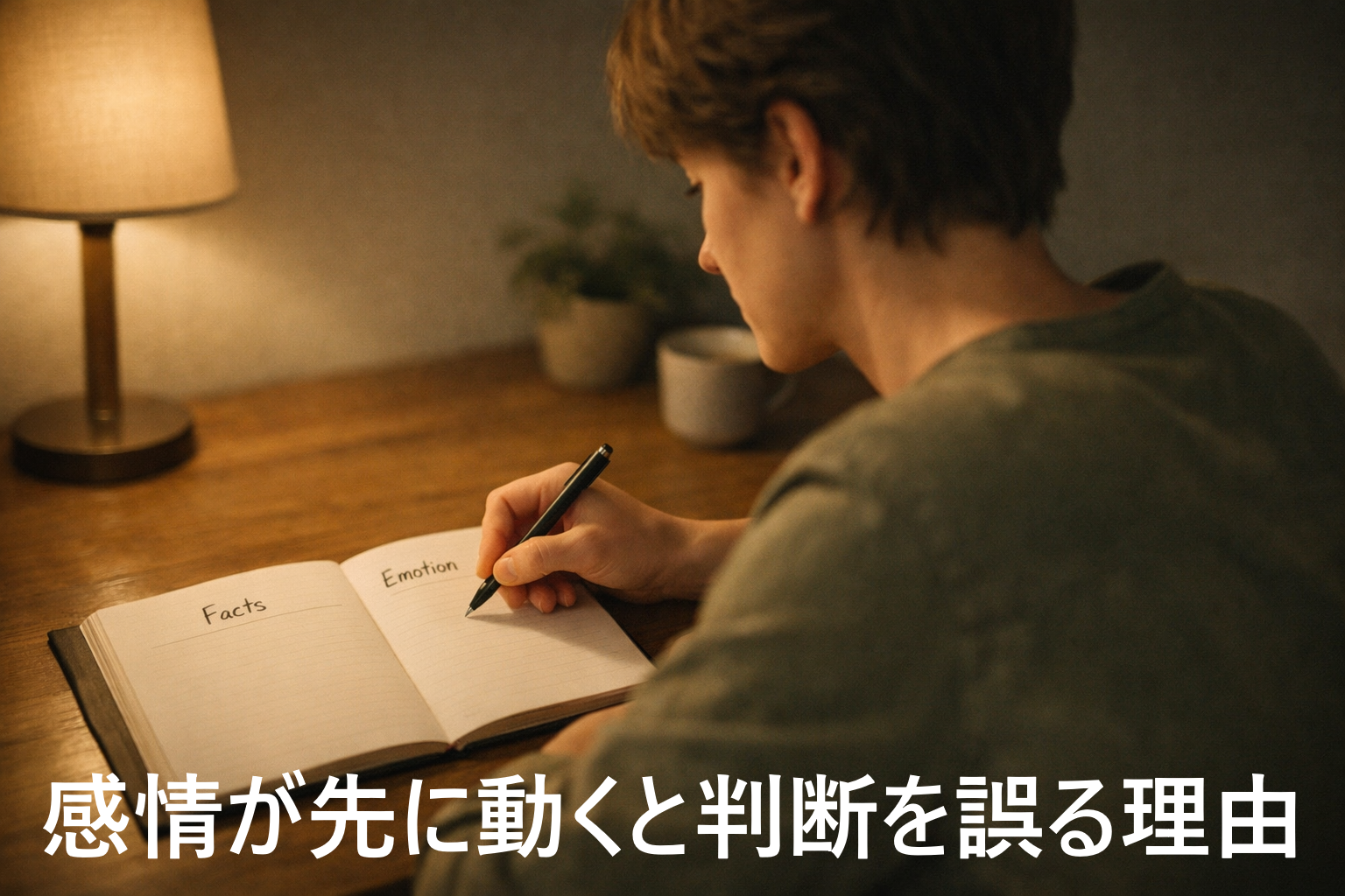 机でノートに事実と感情を書き分けながら思考整理をしている様子